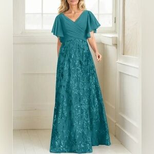 A-line V-Neck Floor-Length Lace Sequin Chiffon Mother of the Bride Dress Pleated